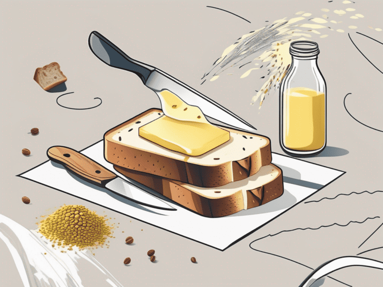 Various objects like a butter knife spreading butter on bread