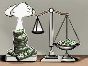 A balance scale with stacks of money on one side and a storm cloud (symbolizing risk) on the other side