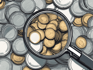 A pile of coins with a magnifying glass hovering over it