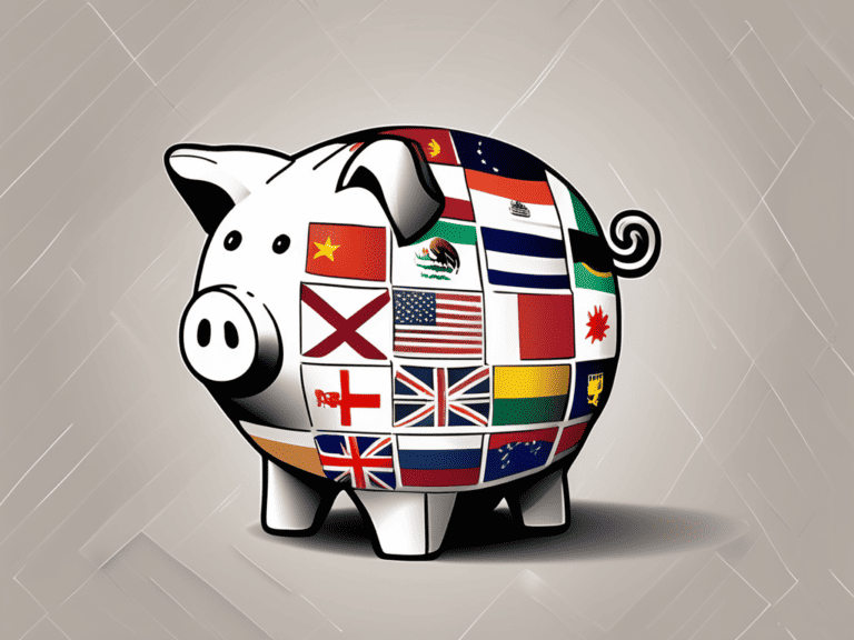 A home-shaped piggy bank with various national flags