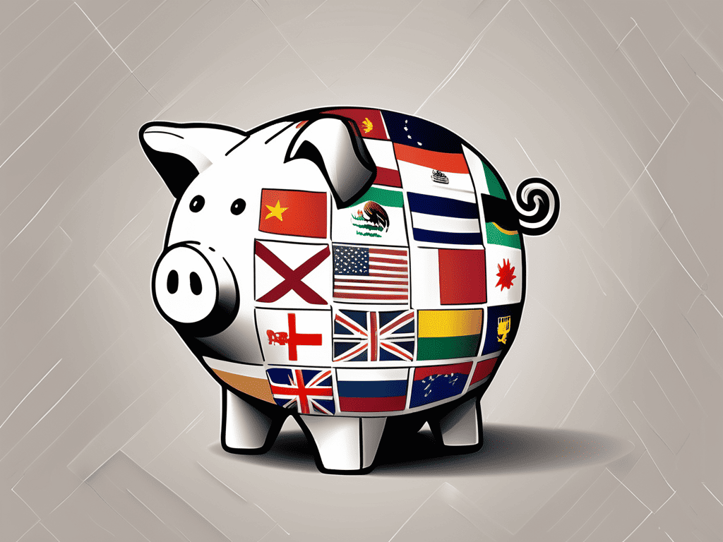 A home-shaped piggy bank with various national flags