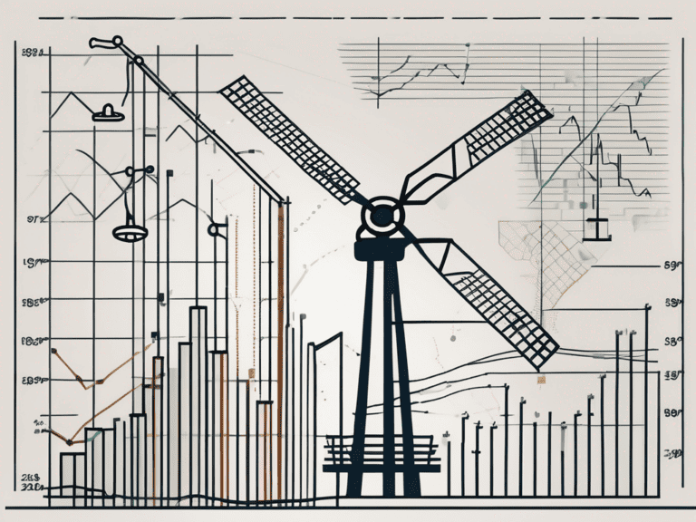 A stock market chart with fluctuating lines and symbols representing various industries