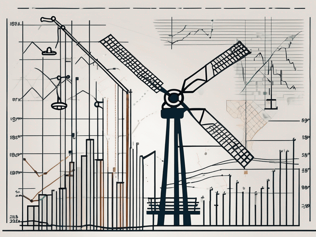 A stock market chart with fluctuating lines and symbols representing various industries