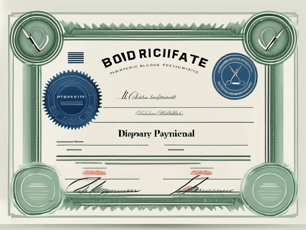 A bond certificate marked with a zero and a pair of scissors