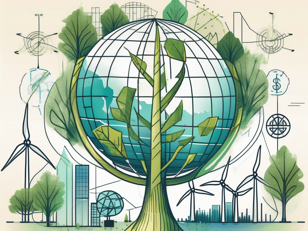 A globe with various sustainable elements like trees