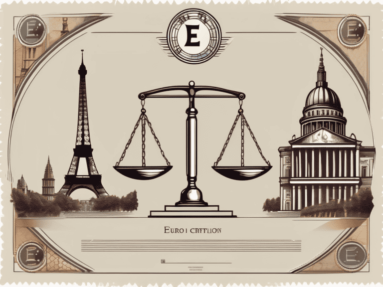 A pair of scales balancing a euro symbol and a bond certificate