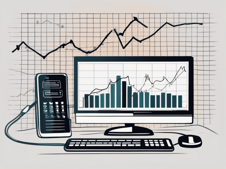 A computer screen showing a stock market graph and a telephone
