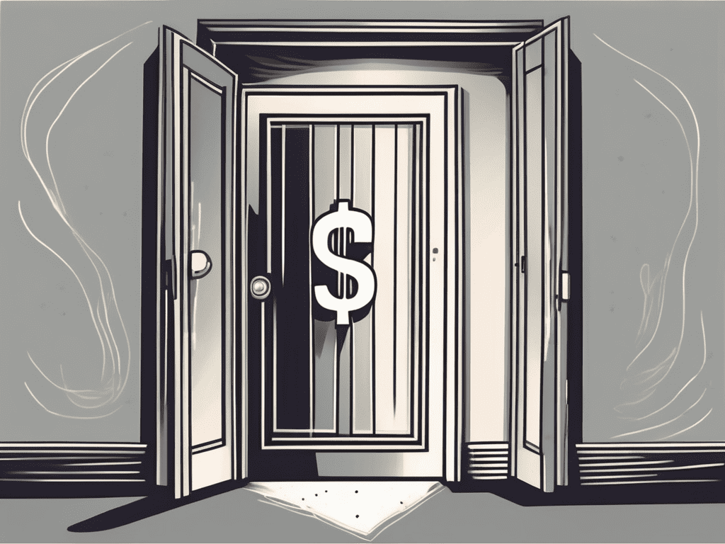 A door with a dollar sign hovering above it