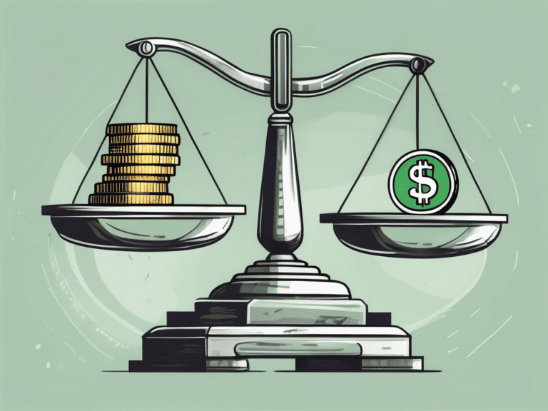 A balance scale with money on one side and assets like buildings
