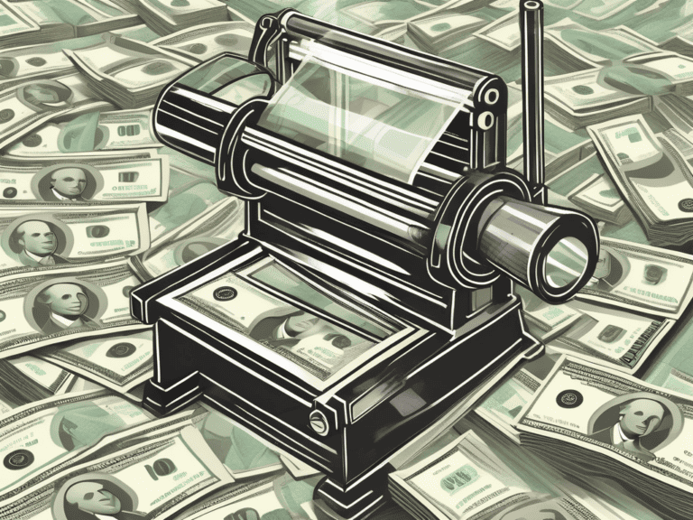 A money printing press producing a continuous stream of banknotes