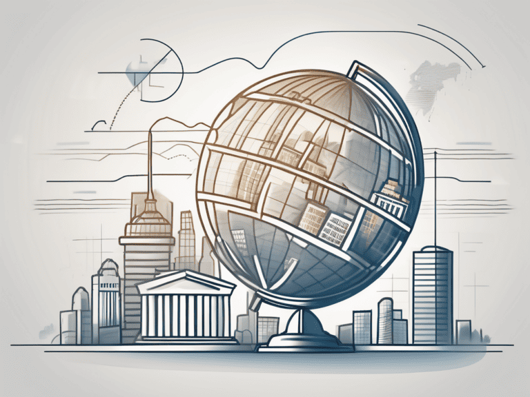 A globe with various financial buildings like banks and investment firms