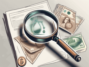 A magnifying glass examining a document with symbolic images of scales (representing regulations) and a money bag (representing fund)