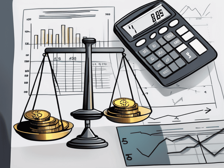 A balanced scale with various financial symbols like currency