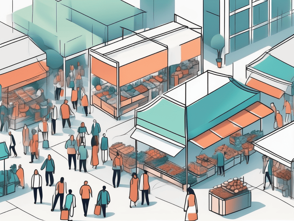 A bustling marketplace with various stalls representing different sectors such as technology