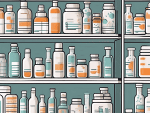 A variety of over-the-counter medication bottles and boxes arranged on a pharmacy shelf