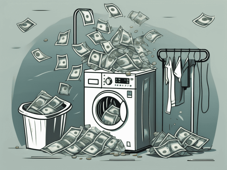 A washing machine filled with banknotes going through a wash cycle
