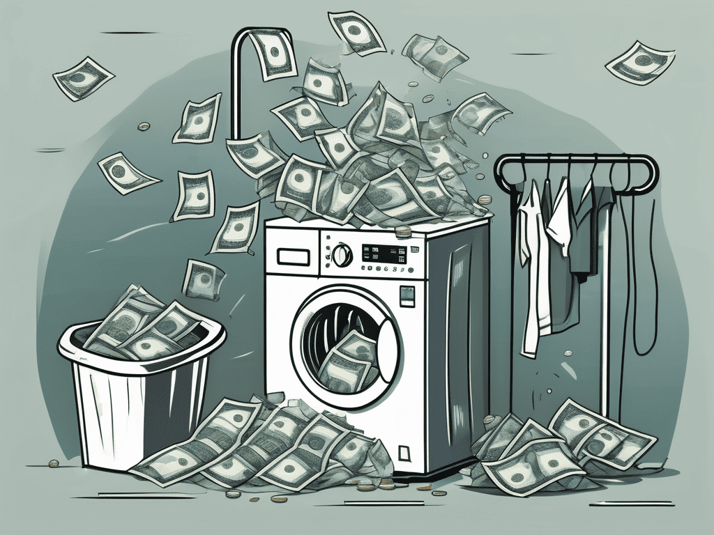 A washing machine filled with banknotes going through a wash cycle