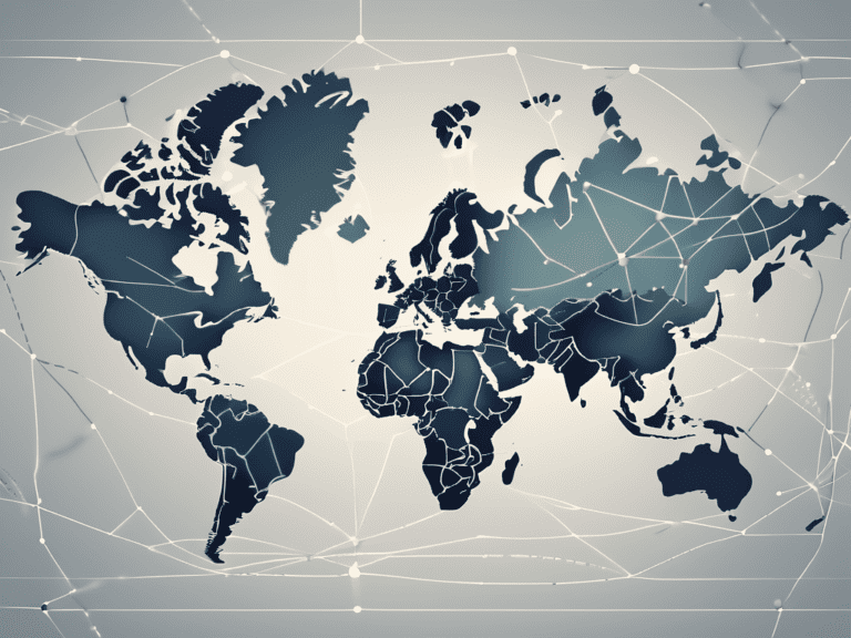 A stylized global map with different countries highlighted and interconnected by a network