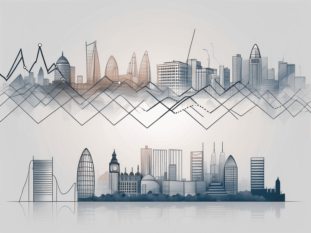 The cityscape of london with prominent banking buildings and a symbolic representation of rates fluctuating