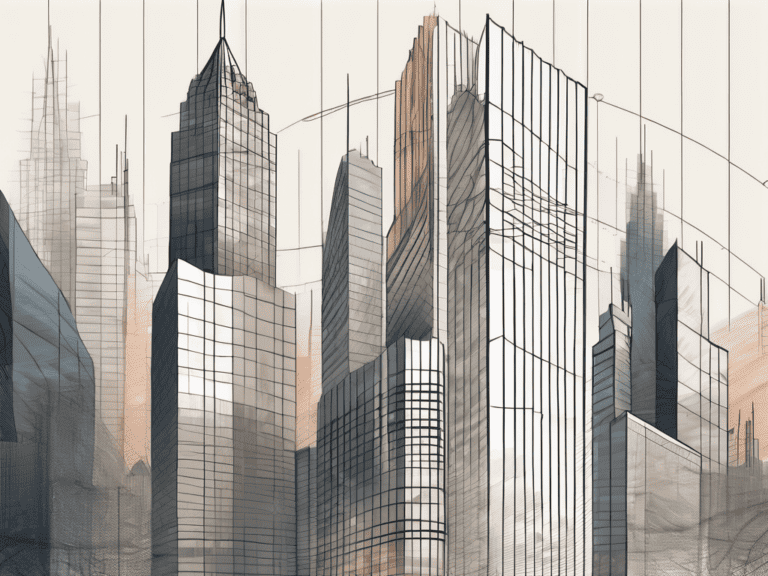 A giant-sized stock market chart surrounded by towering skyscrapers