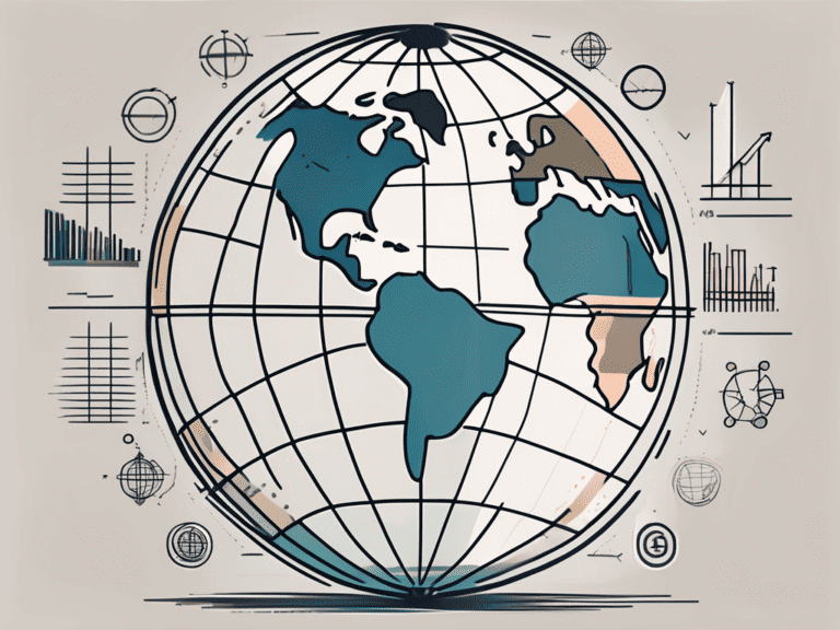 A globe surrounded by various economic symbols like currency