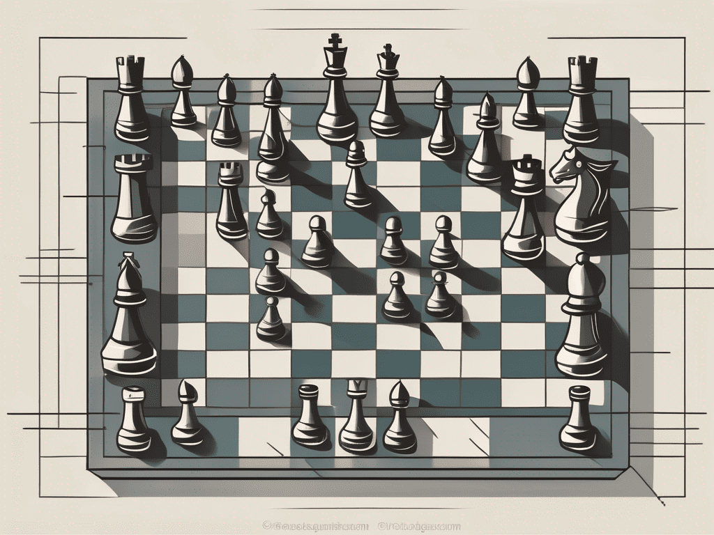 A chessboard with different chess pieces strategically placed