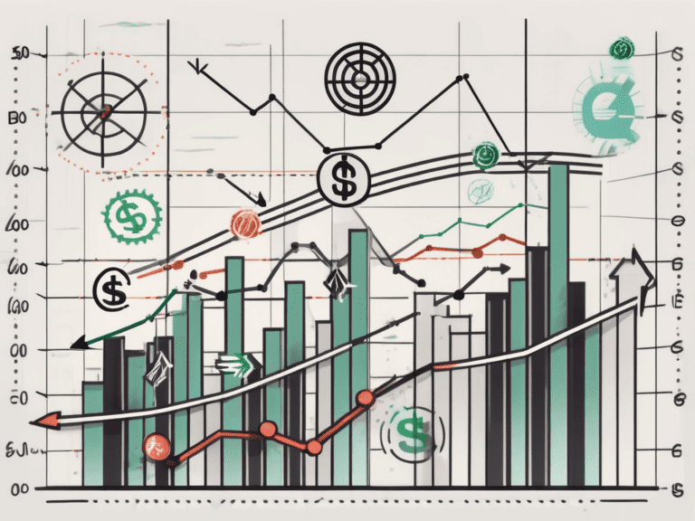 A dynamic stock market graph with arrows indicating upward and downward trends