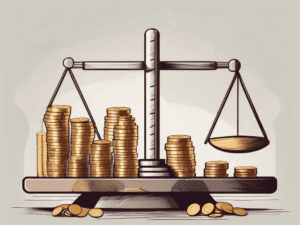 A balanced scale with medium-sized company buildings on one side and stacks of coins on the other