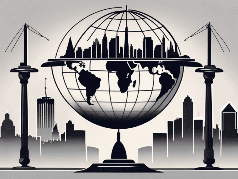 A symbolic scale balancing a stack of paper (representing regulations) and a city skyline (representing the financial market)
