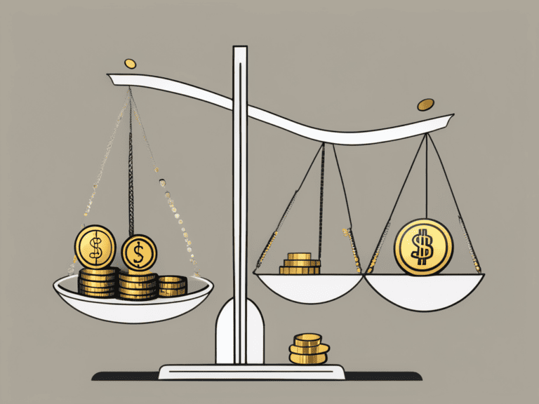 A balanced scale with coins on one side representing investments and a net on the other side holding symbols of assets such as property