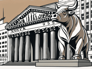 The new york stock exchange building with a bull and bear statue in the foreground