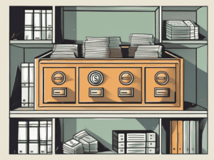 A safe deposit box with various financial document icons inside