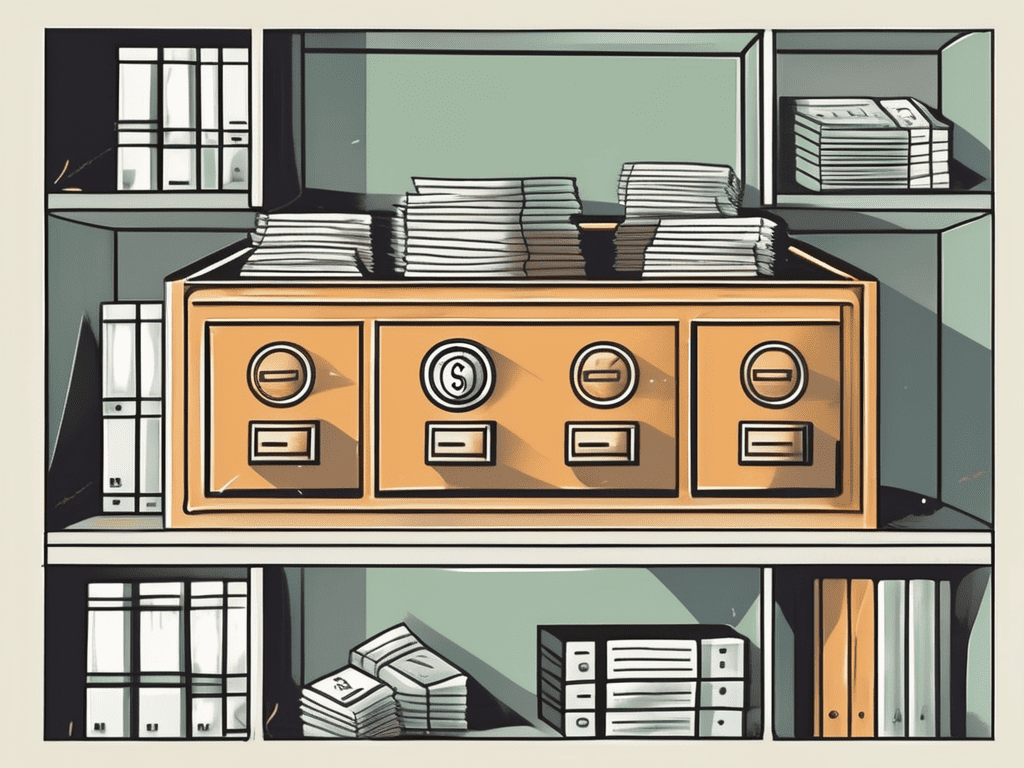 A safe deposit box with various financial document icons inside