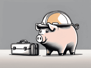 A piggy bank with a hard hat and a briefcase