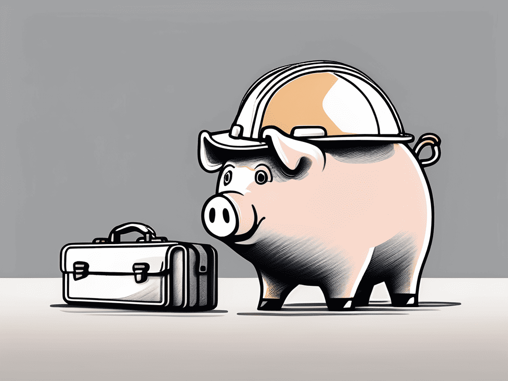 A piggy bank with a hard hat and a briefcase