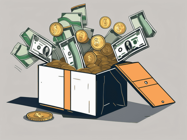 A wallet with diversified currency flowing into an open-ended box