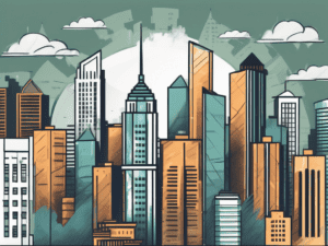 A city skyline with various high-rise buildings