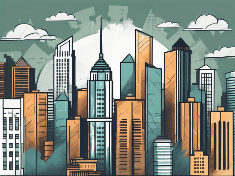 A city skyline with various high-rise buildings