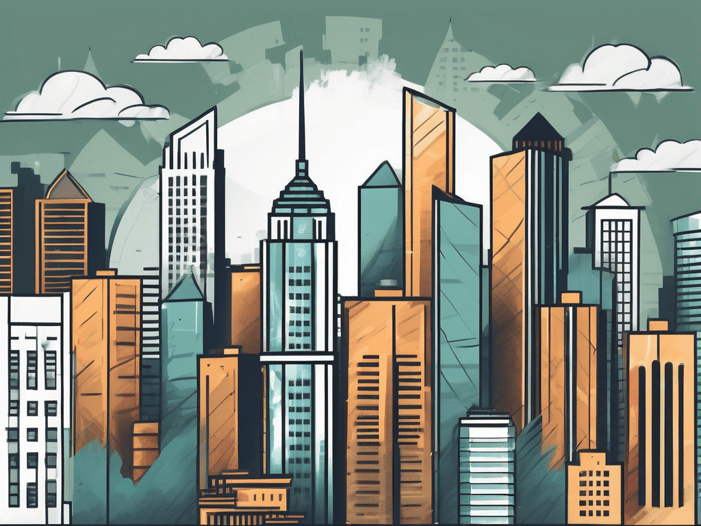 A city skyline with various high-rise buildings