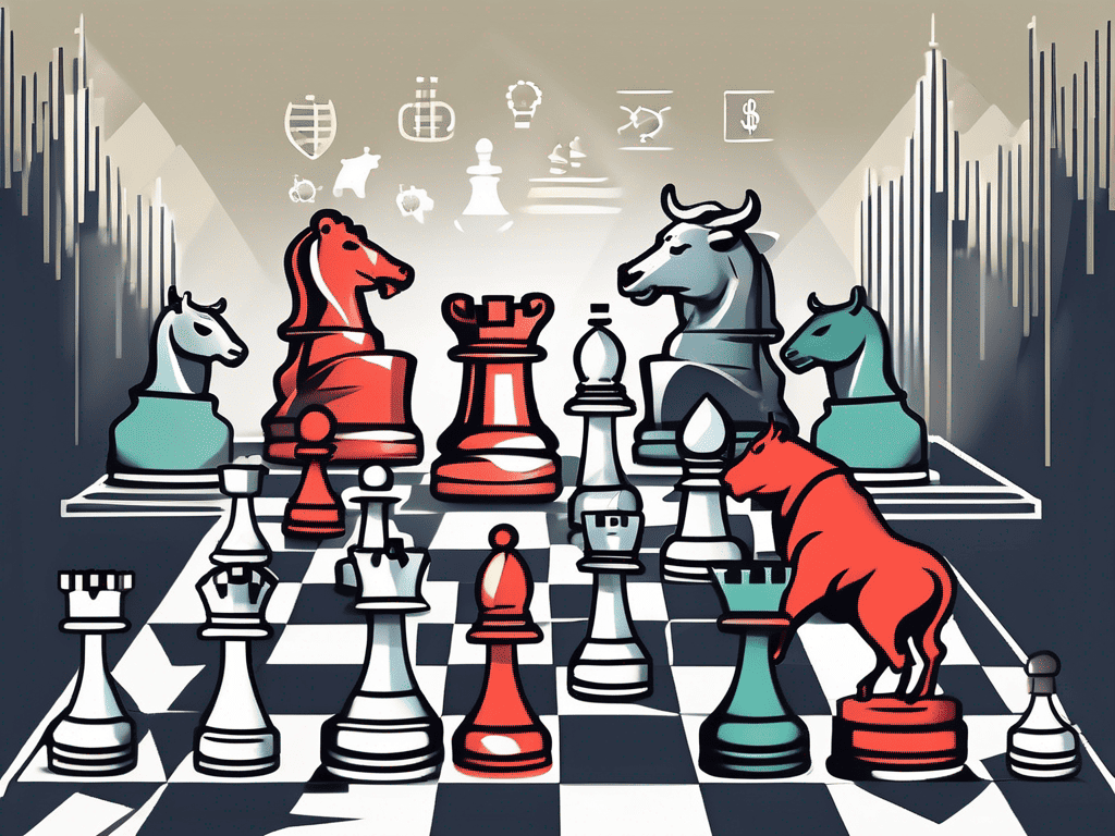 A chess board with various iconic financial symbols such as a bull and bear