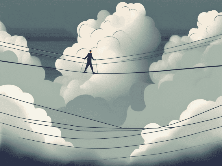 A tightrope walker balancing on a rope over a chasm
