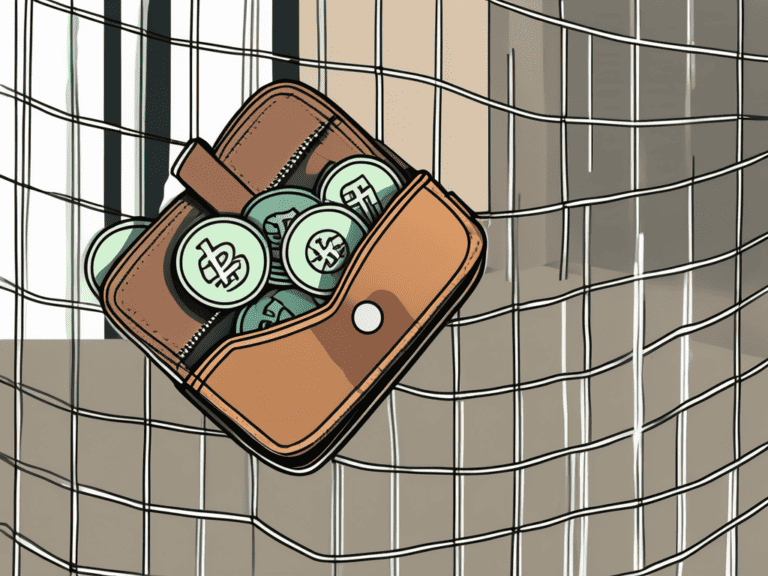 A wallet with coins and bills flowing out of it into a safety net