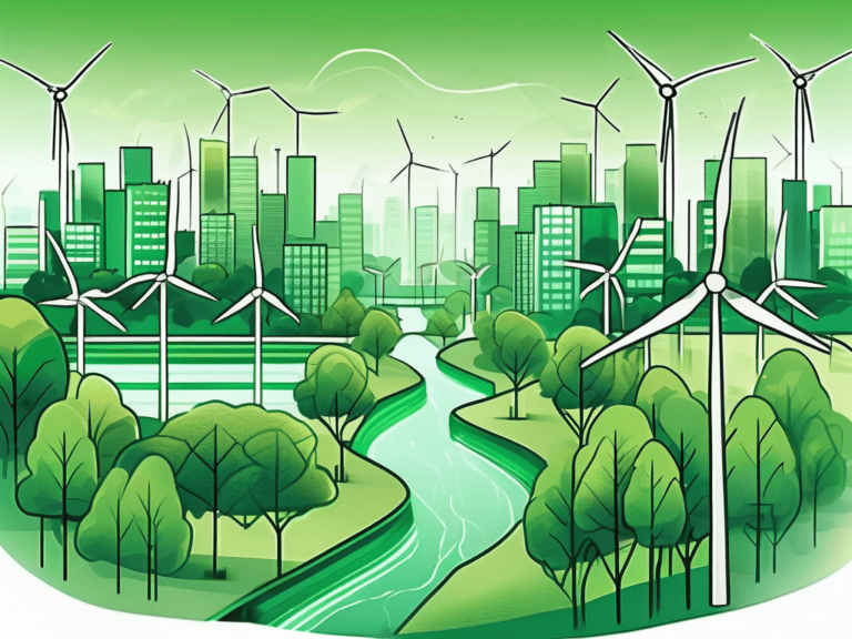 A thriving green cityscape with renewable energy sources like solar panels and wind turbines